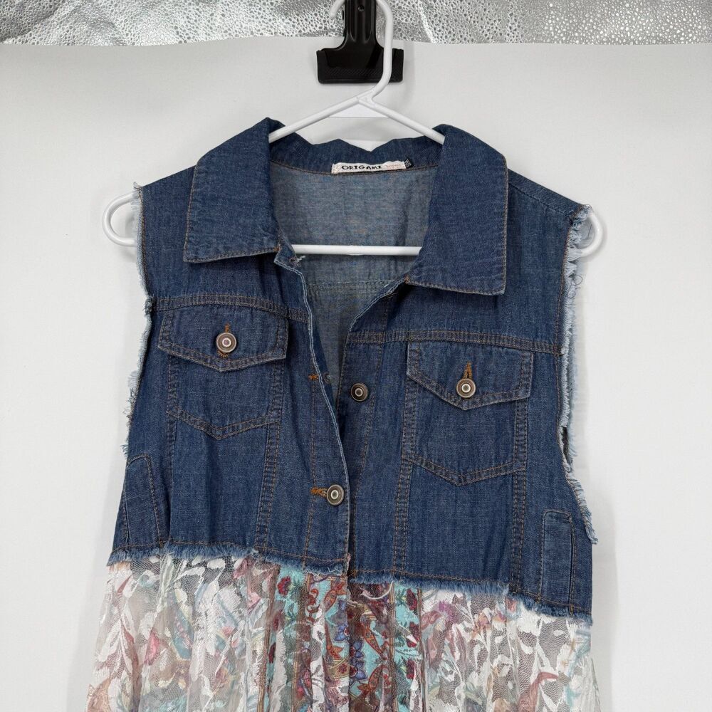 Origami Denim White Lace Vest Cardigan Duster Boho Western Fairy Women Size S/M - Picture 2 of 15